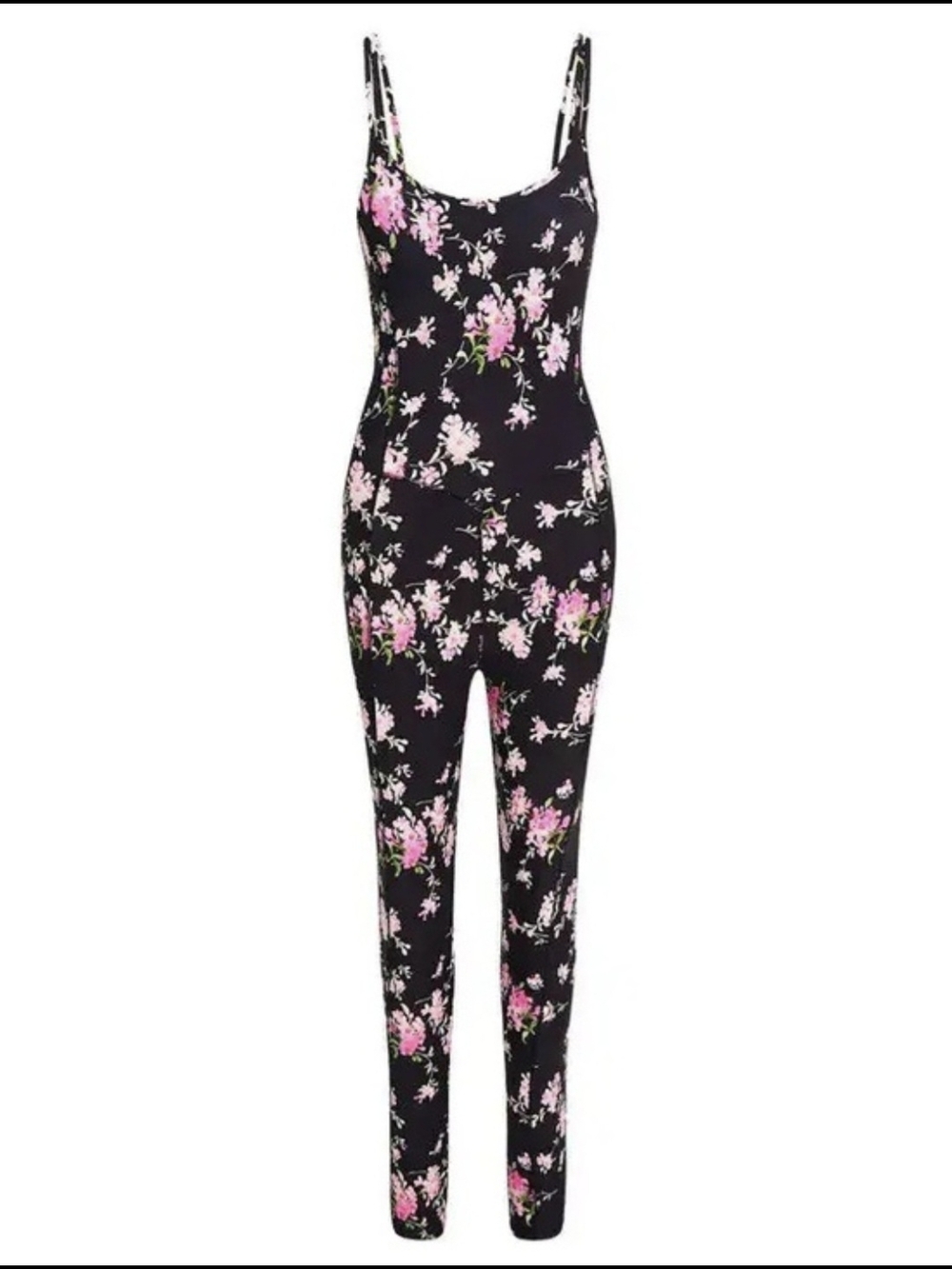 LoveShackFancy Black Jumpsuit with Pink Floral Print